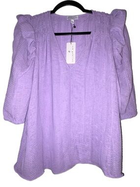 Current Air Lavender Textured V-Neck Ruffle Shoulder Blouse